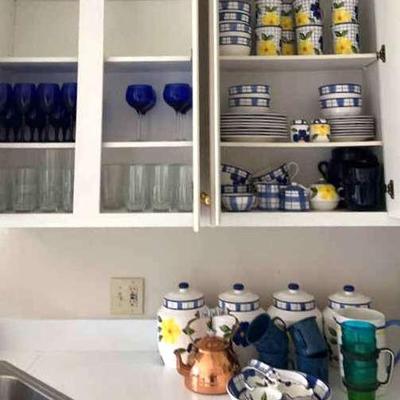 Blue & Yellow Dinnerware Set with Canisters and Glassware