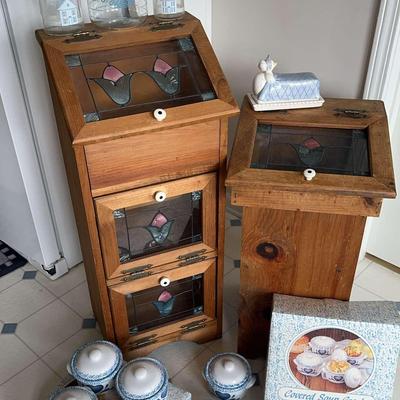 Wooden Curio Cabinet, Trash Bin & Covered Soup Crocks