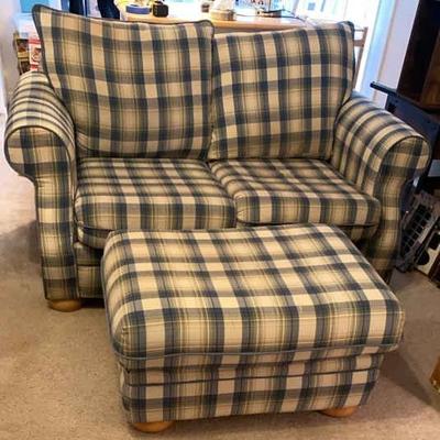 Blue Plaid Upholstered Loveseat with Ottoman