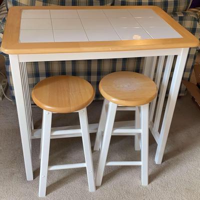 Wood & Tile Table with Two Stools