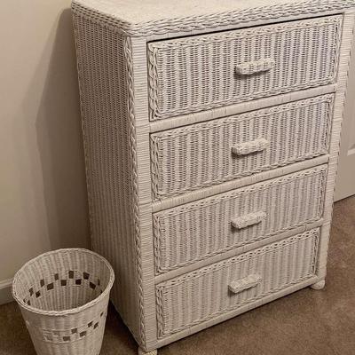 White Wicker 5-Drawer Dresser with Matching Trash Can