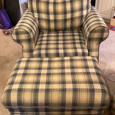 Blue Plaid Upholstered Chair with Ottoman