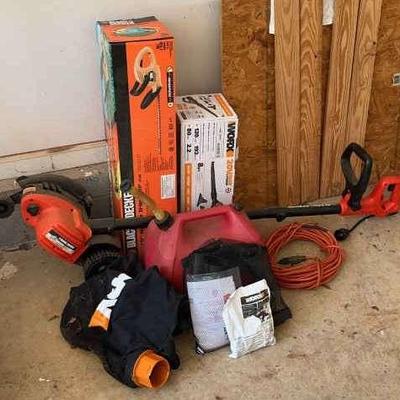 Black & Decker Trimmer/Edger, Worx Blower, Gas Can, and Accessories