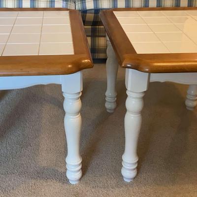 Pair of White Wood & Tile End Tables