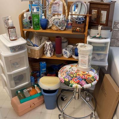 Wooden Bookcase, Swivel Seat, Jewelry Box & Household Essentials
