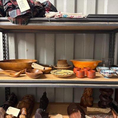 8402 • wooden bowls and spoons, hand woven baskets, japanese sake...