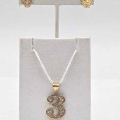 #806 • 10k Gold and Rhinestone Earrings & Pendant, 3.2g
