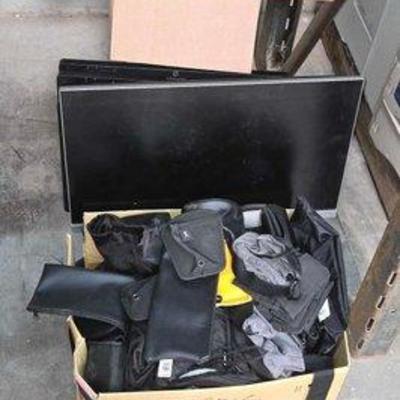 2706 • box of storage bags & computer monitors