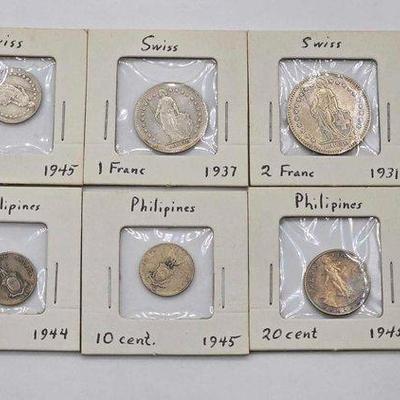 #1402 • (6) Silver Swiss & Philippines Coins
