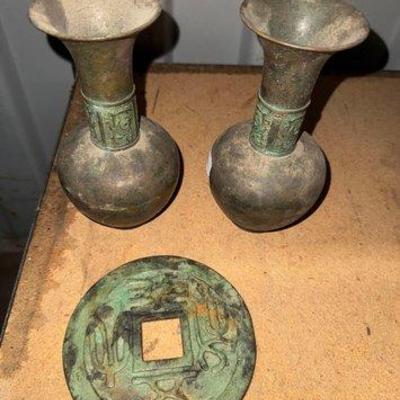 8408 • bronze ewers and large bronze chinese coin