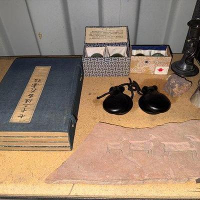 8412 • chinese health balls, castanets, lizard candlestick holder...