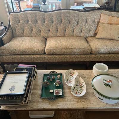 Antique couch, travertine coffee table, 60's trays & bowl...
