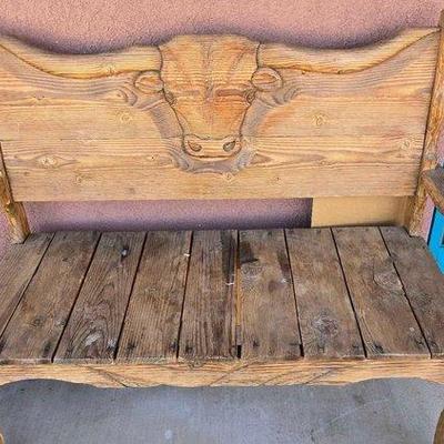 #2174 • Wooden Carved Bench with Bull
