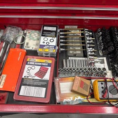#1336 • Snap-On Sockets, File Set, Assorted O-Rings, Digital Caliper, Right Tech Voltage Meter
