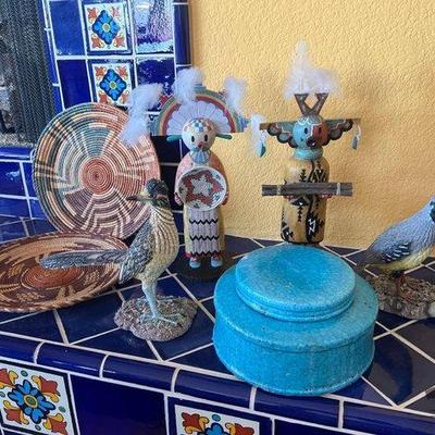 #6285 • (2) Woven Baskets, Kachina Dolls, Urn, and Animal Figurines
