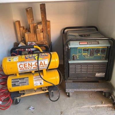 #2580 • Makita Generator, Cen-Cal Air Compressor, and Tote of Wood

