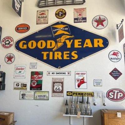 #1940 • (21) Signs ***NOT INCLUDED Good Year Tires Sign, Oil bottles, Official Garage sign, No smoking Stop...
