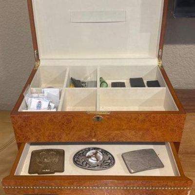 #7002 • Jewelry Box with Belt Buckles, Money Clips, NHRA Pins, Luggage Locks

