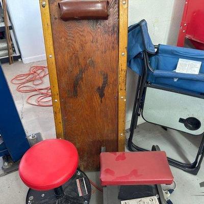 #1244 • 2 Rolling Garage Stools, Creeper, Camping Chair
