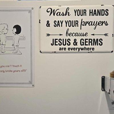 #1505 • (2) Metal Signs & Boraxo Soap Dispenser
