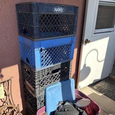 #2176 • 7 Milk Crates and Plastic Tote with Smaller Totes and Rags
