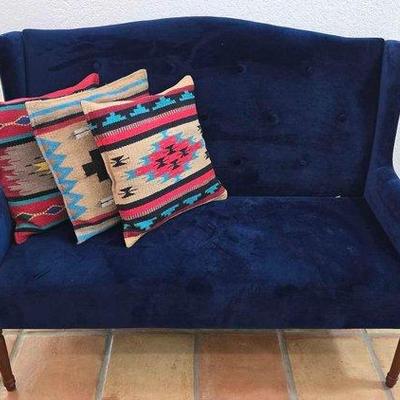 #6025 • Blue Velvet Loveseat with (3) South Western Style Pillows
