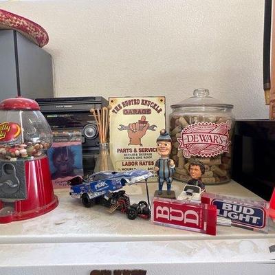 #1820 • The Busted Knuckle Garage Sign, Jelly Bean machine, Beer Tap Handles, Nascar Figurine and more
