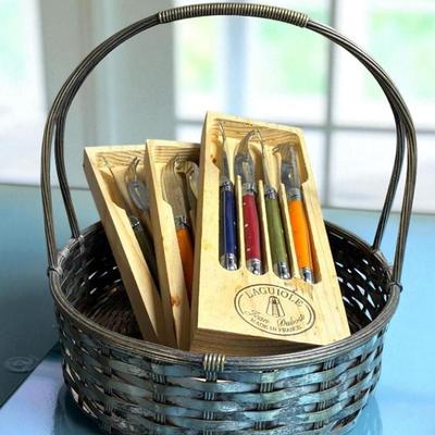 Silver woven basket and laguiole cheese knives