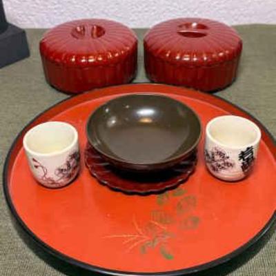 Japanese red lacquerware coaster sets tray & sake cups