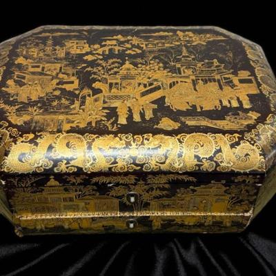 Antique chinese export sewing box lacquer on woo