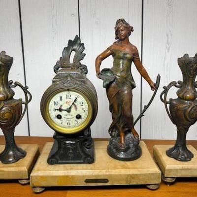 Antique french figural marble palace mantel clock garniture set