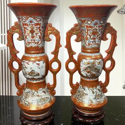 Pair of antique japanese kutani porcelain vases