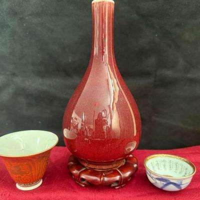 Chinese sang de boeuf bottle vase & katana japanese sake cups