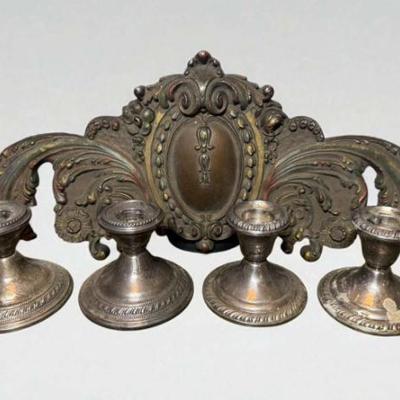Antique french bronze pediment sterling candle holders