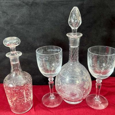 French etched crystal demi decanter cordials, & oil bottle
