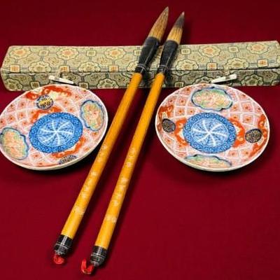 Chinese calligraphy brushes water dishes