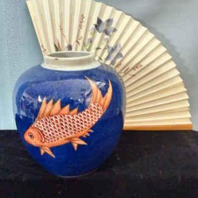 Chinese ca 1850 cobalt blue porcelain circling fish ginger jar