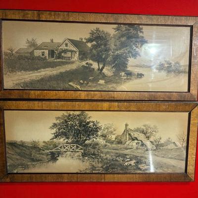 A pair of vintage rural village engravings artist unknown