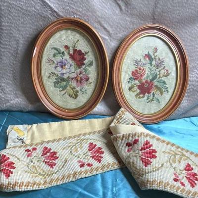 Framed needlepoint art and wall hanging