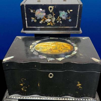 Two victorian papier ma ché tea caddies