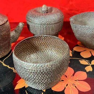Geflock bamboo tea set black lacquer box