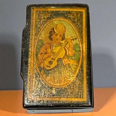Papier mache snuff box girl with mandolin” c 1880