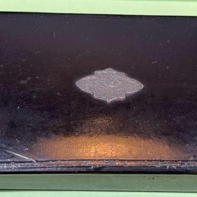 Papier ma ché snuff box with pewter inlay c 1850