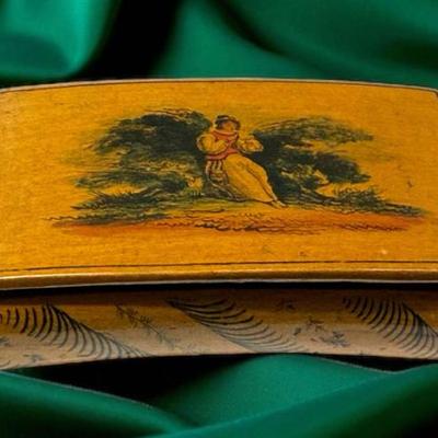 Circa 1850 penwork wooden snuff box lady in garden"