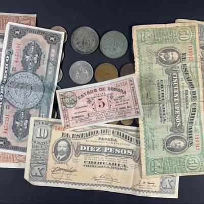 Mexican Revolution Bills and Early 1900s Mexican Coins