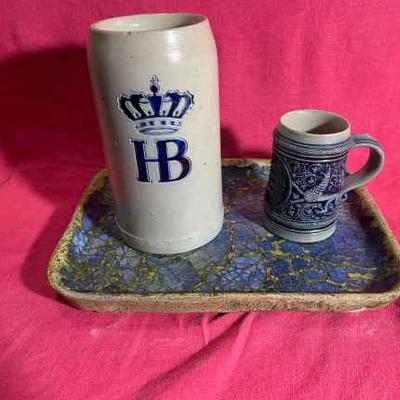 Stoneware tray and vintage steins