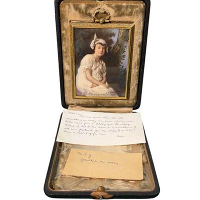 Painted portrait in protective case with note