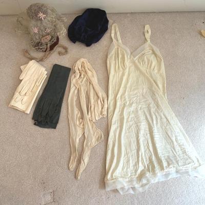 Antique women s slip, gloves and lace hat