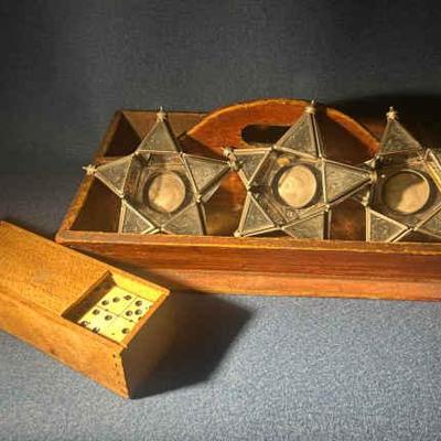 Vintage glass candle holders dominoes, and wooden tray