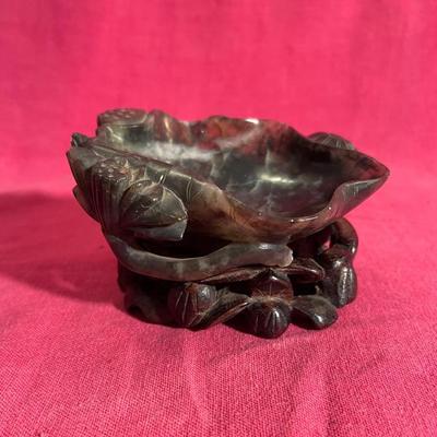Carved jade lotus dish and wood platform see description
